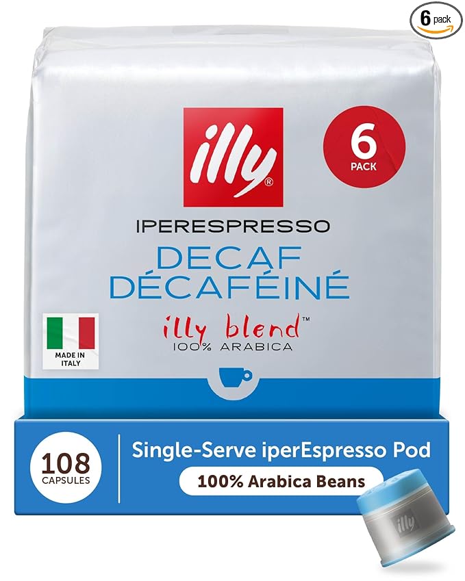 illy Coffee Decaf IperEspresso Capsules, Decaffeinated Classico Medium Roast Coffee Pods, 100% Arabica, Premium Italian Blend, 18 Count, 6 Pack
