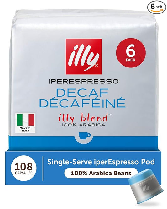 illy Coffee Decaf IperEspresso Capsules, Decaffeinated Classico Medium Roast Coffee Pods, 100% Arabica, Premium Italian Blend, 18 Count, 6 Pack