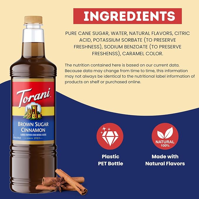Torani Brown Sugar Cinnamon Syrup 1 Liter Bottle with Pump – Premium Coffee Flavoring Made with Pure Cane Sugar & Natural Flavors for Lattes, Oatmeal, Cocktails & Desserts – Café-Quality Sweetener - Image 5