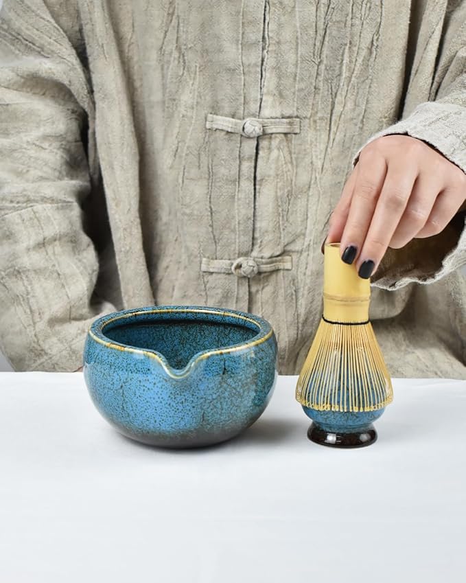 Artcome Matcha Tea Set – 20.2oz Premium Matcha Bowl with Spout, Whisk, Scoop, Whisk Holder & Brewing Guide – Authentic Japanese Tea Ceremony Tools for Perfect Matcha Preparation, Blue