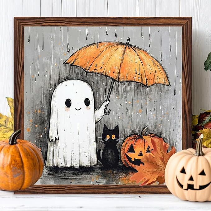 Whimsical Halloween Decorative Sign Black Cat, Ghosts & Pumpkin Wooden Sign, With Frame Sign for Home Office, Cafe, Bedroom Halloween Decor 7.87x7.87 Inch - Image 3