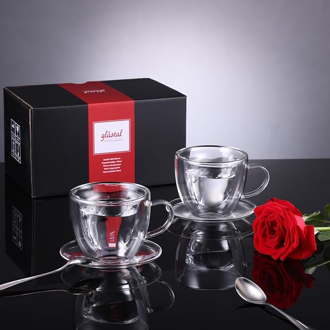 glastal Espresso Cup 5oz Double Walled Glass Coffee Mugs Tea Cups with Handle Saucer Set of 2 Heart Shaped Milk Juice Cups Drinking Glasses Birthday Wedding Valentines Gifts for Couples Parents Wife