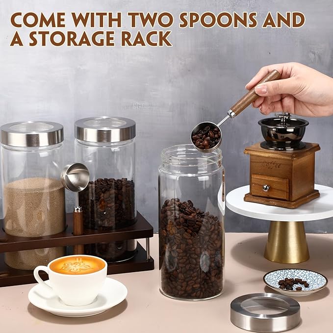 Suclain 3 Pcs Glass Coffee Bean Container 44 oz Airtight Coffee Canister with Shelf and Measuring Spoon Kitchen Food Canister Jar for Sugar Candy(Artsy Style, Wood, Glass, Stainless Steel, Acrylic)