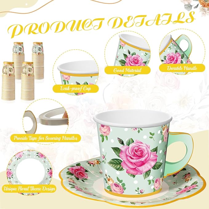Umigy 60 Sets Tea Party Decorations 6.5 oz Floral Paper Tea Cups with Handle and Plates Disposable Blossom Teacups and Saucers Sets for Girls Kids Birthday Garden Wedding Party Supplies(Yellow, Green)