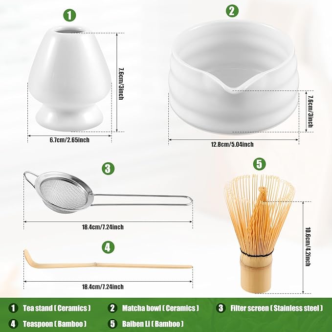 Matcha Whisk Set, 5 Pcs Matcha Set Whisk and Bowl with Spout, Matcha Whisk Holder, Matcha Spoon, Stainless Sifter, Perfect Matcha Kit for Matcha Lover (White)