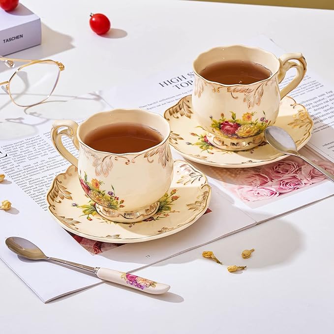 Tea Cups and Saucers Set of 2, 8 Oz Ivory Floral Porcelain Teacup and Saucer Set with Gold Trim, Vintage Tea Cups with Spoon, European Style (Colorful Floral)