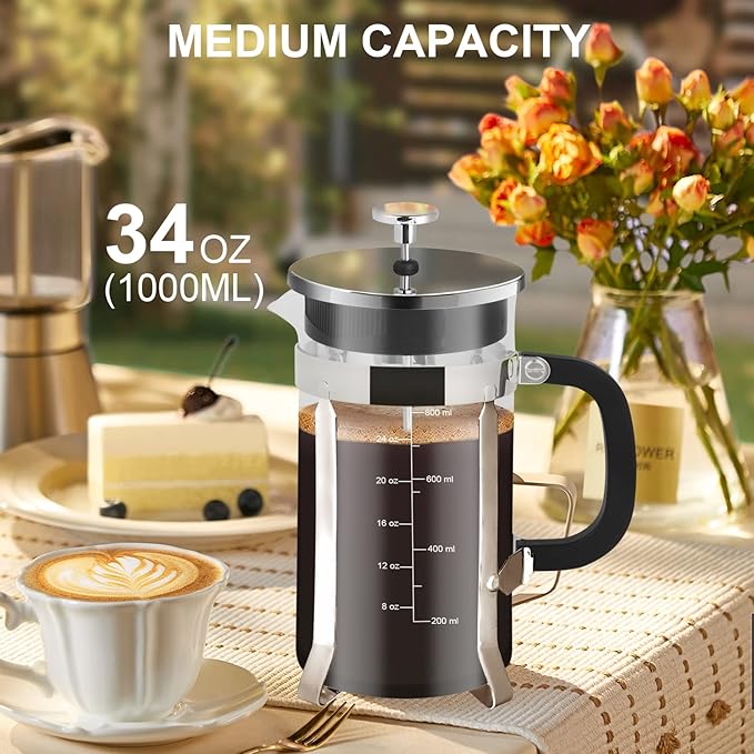 French Press Coffee Maker,34oz 304 Stainless Steel with 2 Filter, Heat Resistant Durable, Easy to Clean, Borosilicate Glass Press, BPA Free Glass TeaPot-34 Ounce 1 Liter (Chrome)