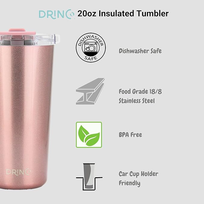 Drinco - 20 oz Stainless Steel Tumbler | Double Walled Vacuum Insulated Mug With Lid, 2 Straws, For Hot & Cold Drinks (20oz Chupa)