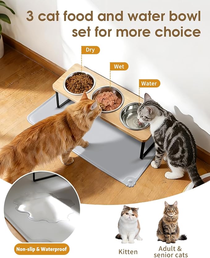 Elevated Cat Bowls, 15°Tilted Raised Cat Food Bowls with Mat, Cat Food and Water 3 Stainless Steel Bowl Set for Indoor, Anti-Vomiting, Whisker Fatigue.
