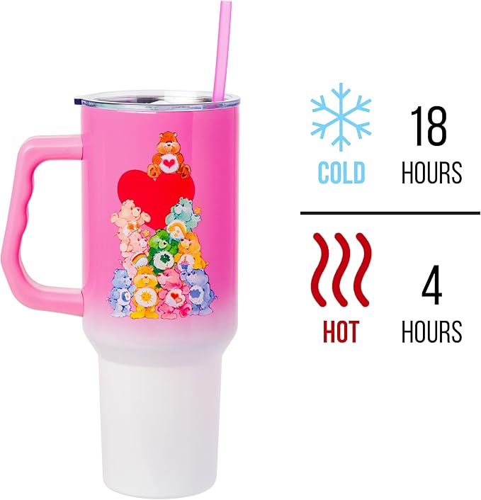 Silver Buffalo Care Bears Watercolor Heart Ombre Double Walled Stainless Steel Tumbler with Handle and Straw, Fits in Standard Cup Holder, 40 Ounces