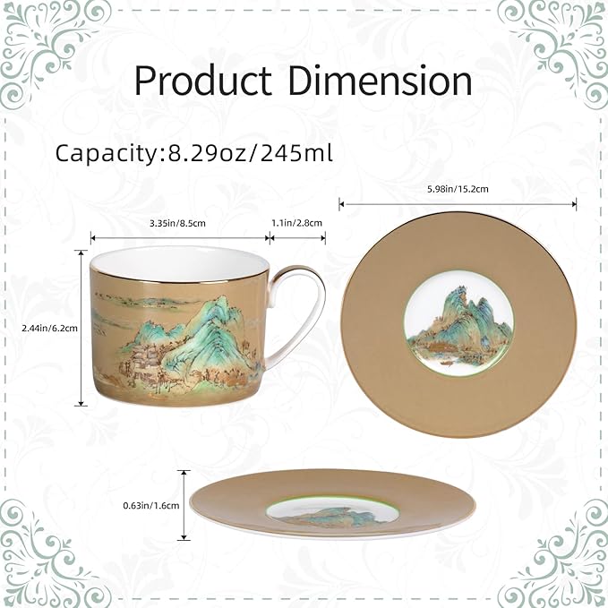 KAMMAK Tea Cups and Saucers Set of 2, Fine Bone China Coffee Cups, Stackable Espresso Mugs, Ceramic Demitasse for Coffee, Cappuccino, Latte, Americano, Tea, Large - River and Mountains