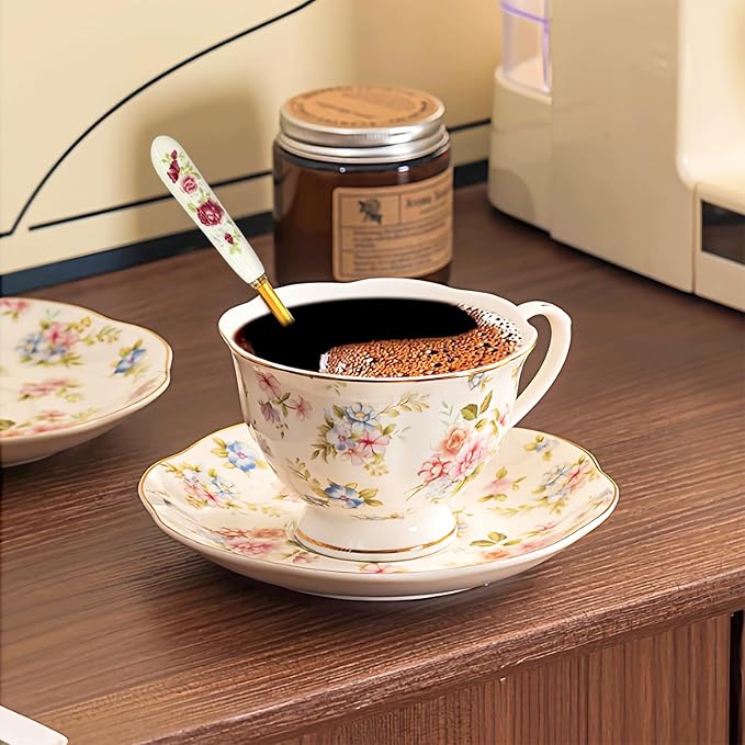 Noviko 6 oz Floral Tea Cups and Saucers Flower Ceramic cup for Women and Tea Parties