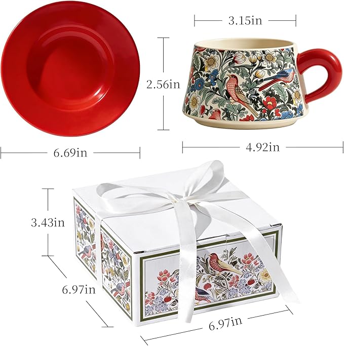 Ceramic Cup and Saucer Set, Luxurious Coffee/Tea Mug, Vintage Beautifully Printed Cups with Handle Practical Gifts for Women Housewarming/Birthday/New Year/Valentine's Day/Mother's Day, 8.8oz (Red)