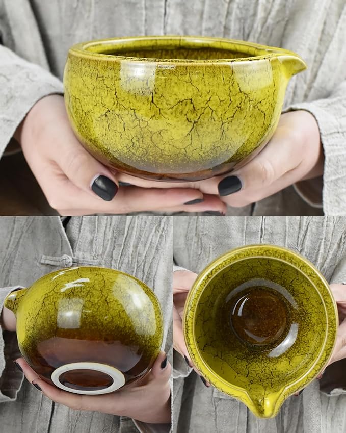 Artcome Matcha Tea Set – 20.2oz Premium Matcha Bowl with Spout, Whisk, Scoop, Whisk Holder & Brewing Guide – Authentic Japanese Tea Ceremony Tools for Perfect Matcha Preparation, Yellow