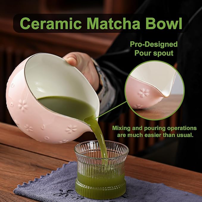 Clay&Fire Matcha Whisk Set, 9 pcs Ceramic Matcha Set, Gifts for Women,Matcha Bowl with Spout and Whisk, Matcha Kit for Matcha Lovers, Ideal Gift Christmas, Birthday, Anniversary (Cherry Bloom-Pink)