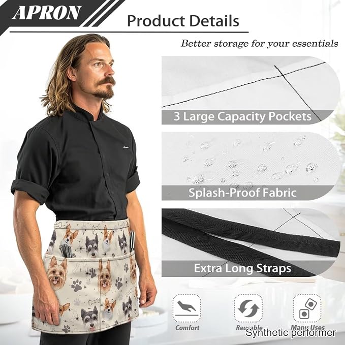 Waist Apron with 3 Pockets Waterproof 13 Inch Short Half Waist Aprons Women Men Server Aprons Waitress Waiter Apron - Image 6
