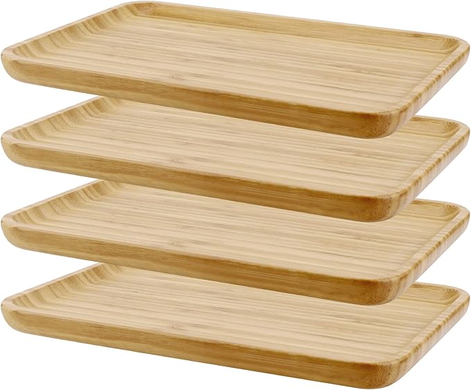PINGEUI 4 Pack Bamboo Vanity Tray, Bamboo Wooden Serving Tray Counter Tray, Bamboo Rectangular Platter Bamboo Dresser Vanity Tray for Jewelry, Tea, Soap, Coffee, Food, 11.4 x 7.8 x 0.8 Inch