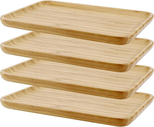 PINGEUI 4 Pack Bamboo Vanity Tray, Bamboo Wooden Serving Tray Counter Tray, Bamboo Rectangular Platter Bamboo Dresser Vanity Tray for Jewelry, Tea, Soap, Coffee, Food, 11.4 x 7.8 x 0.8 Inch