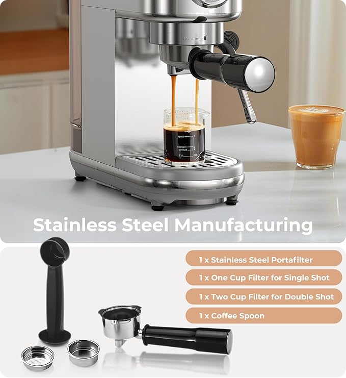 Espresso Machine with Milk Frother, 20 Bar Pressure Espresso Maker, with 44OZ Removable Tank, Compact Stainless Steel Coffee Machine for Home, Office, Latte, Cappuccino, Macchiato, Silver