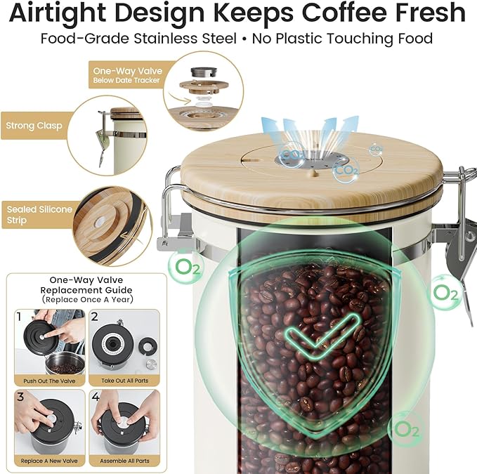 Veken Coffee Sugar Canister with Window, Easter Gifts Airtight Stainless Steel Container with Lids, Home Kitchen Food Storage Jars for Grounds, Beans, Tea, Flour, Cereal, Basket, Scoop, 22OZ, Cream
