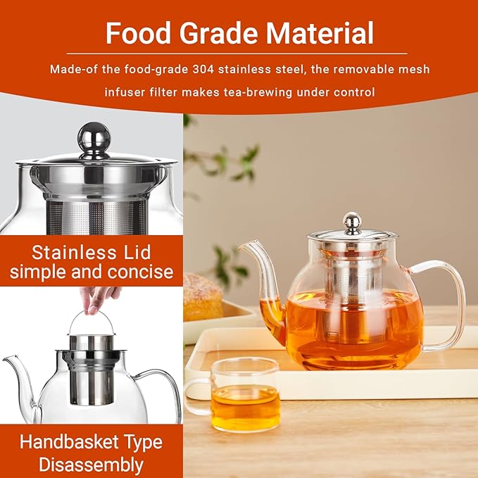 37oz/1100ml Glass Teapot with Removable Infuser, Stovetop & Microwave Safe Borosilicate Tea Kettle, Clear Flowering Tea Maker with 18/10 Stainless Steel Filter for Loose Leaf & Blooming Tea