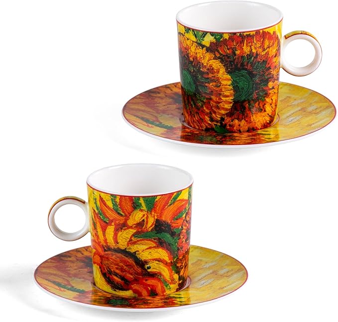 KAMMAK Tea Cups and Saucers Set of 2, Fine Bone China Coffee Cups, Stackable Espresso Mugs, Ceramic Demitasse for Coffee, Cappuccino, Latte, Americano, Tea, Small - Sunflower Oil Painting