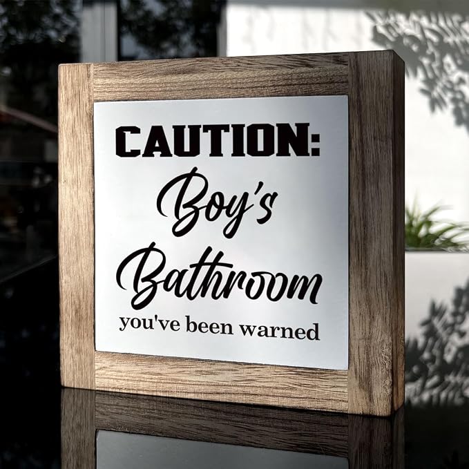 Funny Boys Bathroom Sign, Caution Boys Bathroom, Wooden Box Signs for Home Decor, Modern Farmhouse Bathrooms Decors Tabletop, Housewarming Decor, Bathrooms Box Sign B6-108 - Image 3