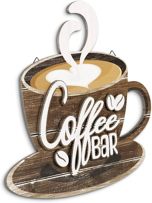 Putuo Decor Coffee Bar Wall Art, Double-Layer Coffee Cup Sign with Hook, Rustic Wall Decor for Kitchen, Living Room, Hotel, Vintage Farmhouse Decoration for Latte Lover (Brown)