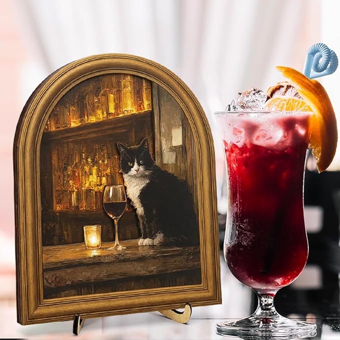 3D Funny Tuxedo Cat Wall Art Sign for Bar Decor, Vintage Drinking Cat Portrait Wall Decor, 8x10 Inch