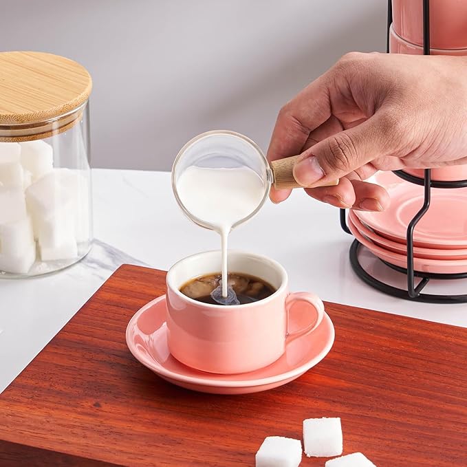 8oz Porcelain Stackable Cappuccino Cups with Saucers and Metal Stand Set of 4, Cappuccino Cups Set of 4, Pink Coffee Cups for Espresso, Specialty Coffee Drinks, Latte, Americano and Tea