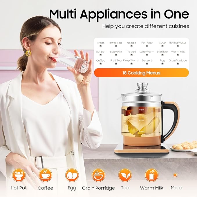 Tea Electric Kettle, Electric Tea Kettle, 1.8L Electric Glass Kettle, 800W Portable Electric Health Pot with Infuse with Temperature Control & 18 Smart Programs,24H Keep Warm & Boil-Dry Protection