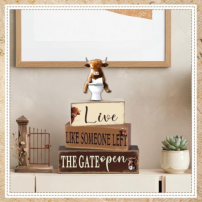 Geelin 4 Pcs Highland Cow Bathroom Decorations Bathroom Wooden Table Centerpiece Blocks Highland Cow Tiered Tray Decor for Indoor Home Desk Room Shelf Decor