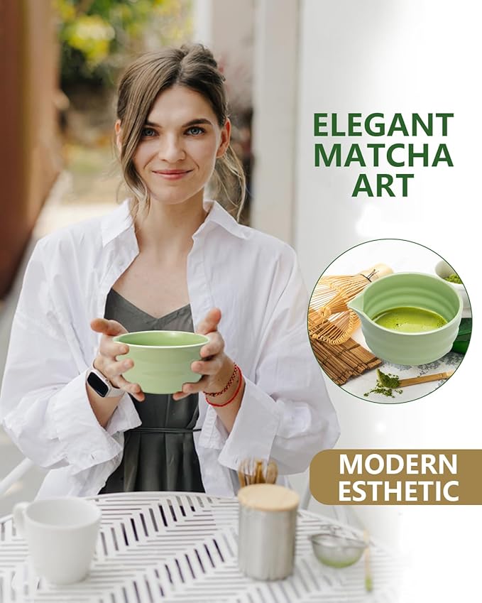 Matcha Whisk Set with Matcha Bowl, Matcha Bamboo Whisk, Scoop, Sifter, Matcha Kit Holder Unique Gifts for Women Men Girl Friend Home Kitchen Decor Gifts for Christmas, Birthday（Light Green）