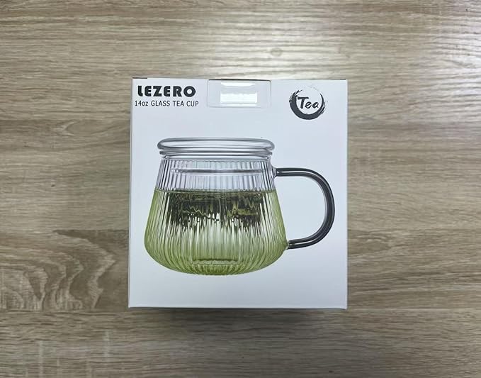 Lezero Tea Infuser Cup with Filter and Lids, Borosilicate Glass Mugs with Strainer for Blooming & Loose Leaf, Lead-free, Microwave & Dishwasher Safe, 14oz