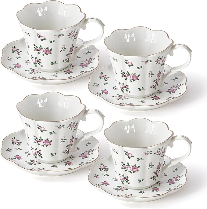 Floral Tea Cups and Saucers, 6oz Ceramic Teacup Set of 4, Elegant Scalloped Edge Coffee Cups for Latte, Cappuccino, Espresso, Rose Tea Cups for Tea Parties, Women Gifts for Mother's Day, Spring Decor