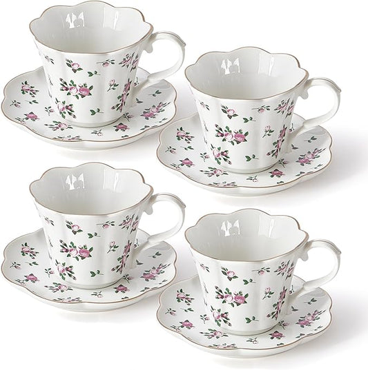 Floral Tea Cups and Saucers, 6oz Ceramic Teacup Set of 4, Elegant Scalloped Edge Coffee Cups for Latte, Cappuccino, Espresso, Rose Tea Cups for Tea Parties, Women Gifts for Mother's Day, Spring Decor