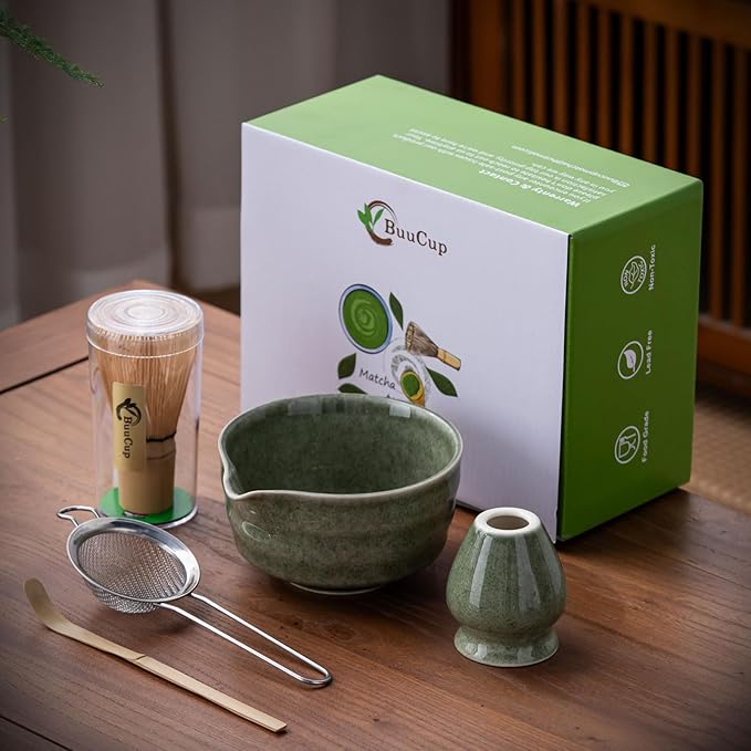 Matcha Set, Matcha Bowl with Spout, Matcha Whisk and Holder, Bamboo matcha Scoop and Stainless Sifter - 5 Pcs Jade Green Matcha Set Kit for Matcha Lover