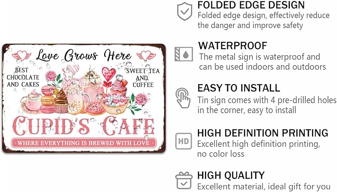 Cupid’S Cafe Metal Tin Sign Valentine's Day Sign Retro Vintage Wall Art Kitchen Cafe Home Wall Decor Plaque Poster 8x12 Inch - Image 2