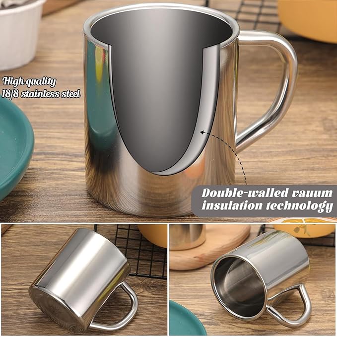 Cunhill 4 Set Small Stainless Steel Coffee Mug 13.5oz/400ml Metal Double Walled Cups Camping Mug with Handle Dishwasher Safe Tea Cups for Camping Travel Outdoors Rv Keep Drinks Hot