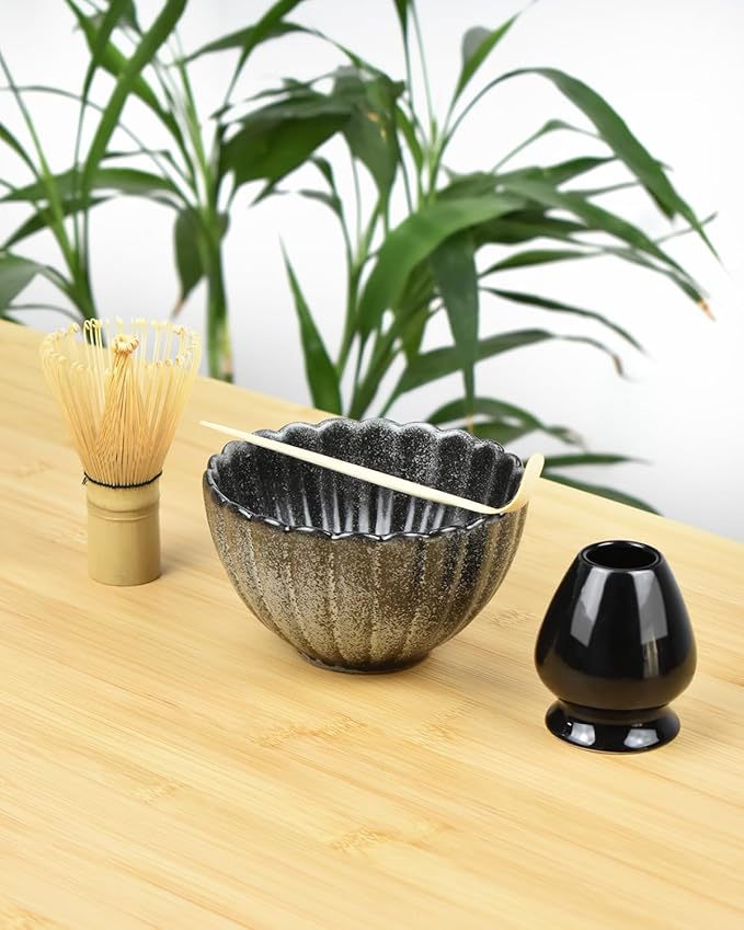 Artcome Matcha Tea Set - 17oz Petal-Shaped Matcha Bowl, Bamboo Whisk, Scoop, Whisk Holder & Brewing Guide - Japanese Tea Ceremony Tools for a Perfect Matcha Experience, Black