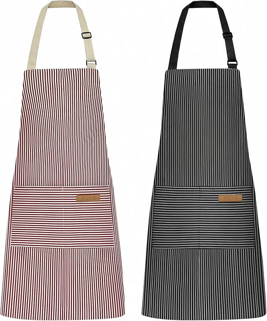 NLUS 2 Pack Kitchen Cooking Aprons, Adjustable Bib Soft Chef Apron with 2 Pockets for Men Women (Black Pinstripes/Pink Pinstripes)