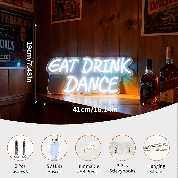 Eat Drink Dance Neon Sign, USB Powered Decorative Neon Light for Party Bar Restaurant Home Living Room Wall Table Celebration Lifestyle Theme Decor 16.1 x 7.5 In - Image 3