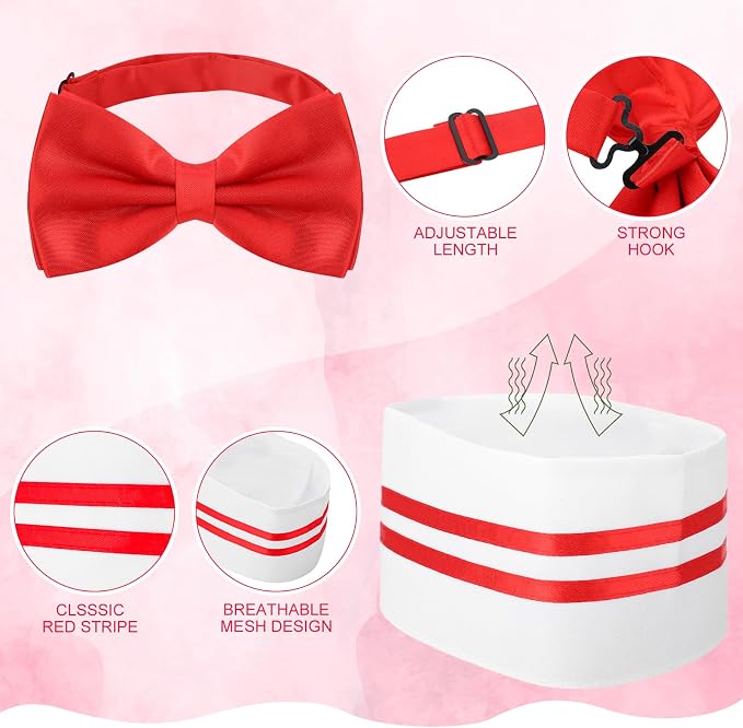 1950s Waiter Costume Kit, Soda Jerk Costume, Red and White Striped Half Apron with 2 Pockets, Chef Hat, Red Bow Ties - Image 5