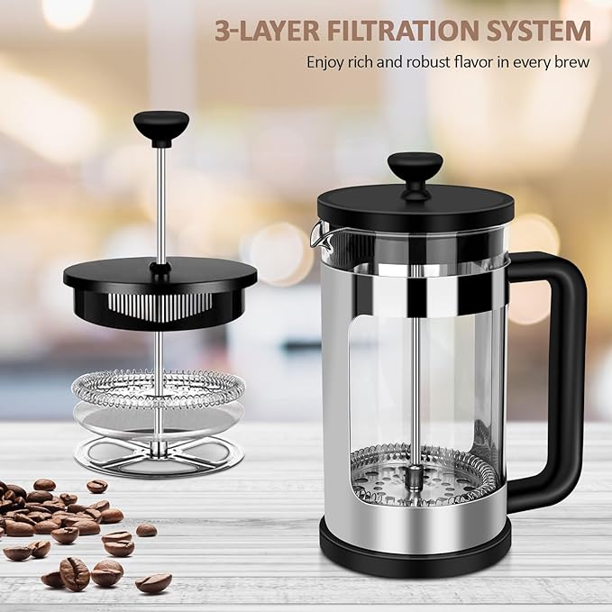 French Press Coffee Maker 12 Oz, Mini Coffee Press 1 Cup, Single Serve French Press, With 3 Filterations, Heat Resistant Thickness Borosilicate Glass, Coffee Brewer Tea Press