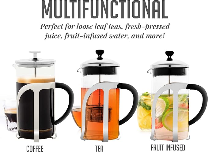 OVENTE French Press Coffee Maker, 34oz Heat Resistant Borosilicate Glass, BPA-Free Brewing Pot with 4-Level Filter System and Stainless Steel Plunger for Cold Brew Coffee, Tea and More, Clear FGC34T