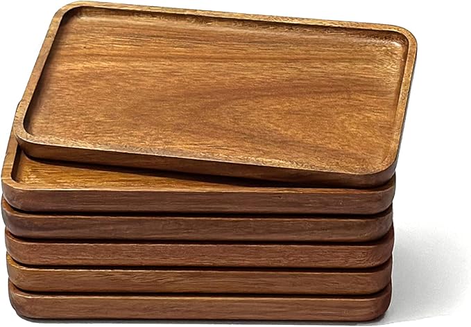 Small Wooden Tray (7.5 x 4.1 inch) 6 Pack, Rectangular Mini Serving Tray for Coffee Tables, Dessert, Snack, Fruit, Acacia Wood Platter for Vegetable, Decor Restaurant