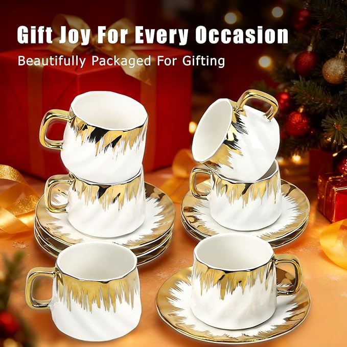 Coffee Cup Set of 6 with Saucers, 3.5 OZ Ceramic Espresso Cups Set, Gold Trim Turkish Coffee Cup Gift for Cappuccino, Latte, Cafe Mocha and Tea, Dishwasher & Microwave Safe(Gold Rim)