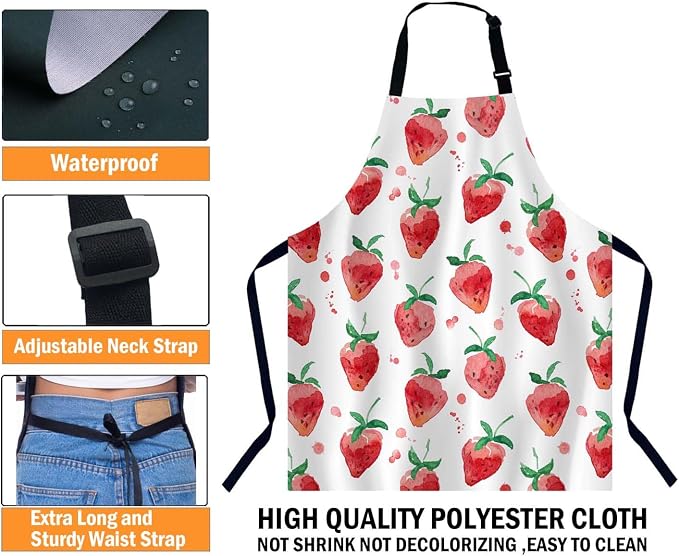 Watercolor Strawberry Kitchen Apron for Women Men, Adjustable Apron Chef Bakers Apron Cooking Apron Cooking Baking Gardening - Image 3
