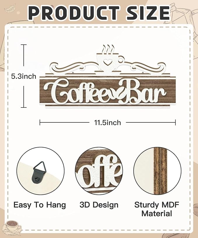 Putuo Decor Vintage Coffee Bar Sign, Farmhouse Coffee Accessories for Cafe Station Wall Decor, Long Double-Layer Cafe Sign for Home Kitchen Countertop Decoration, 12×5.5in