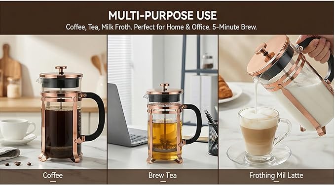 French Press Coffee Maker, 34Oz Coffee Press with 304 Stainless Steel 4 Filters, Borosilicate Glass Heat Resistant Carafe, 100% BPA-Free Teapot & Coffee Press, Copper Finish